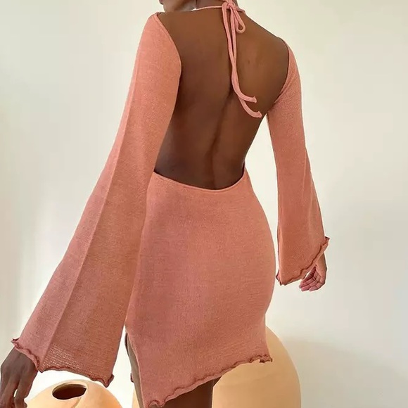 New! Babydoll Backless Sheer Salmon Mini W/Hardware Front Detail & Bell Sleeves - Picture 3 of 6